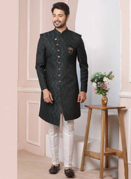 Green Black Colour Designer Party Wear Mens Jaquard Silk Indo Western Collection 1693